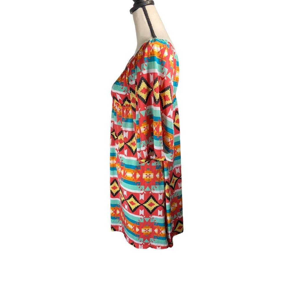 Boho‎ Chic V-Neck Tribal Print Mini Dress With 3/4 Sleeves & Empire Waist - Picture 8 of 12